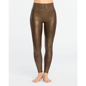 SPANX Faux Leather Bronze Metallic Leggings Power Waistband // XS